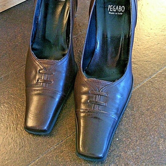Pegabo Brown Italian Leather Slip On Side 6.5 Pump Heel Square Toe Designer Shoe - Picture 7 of 16